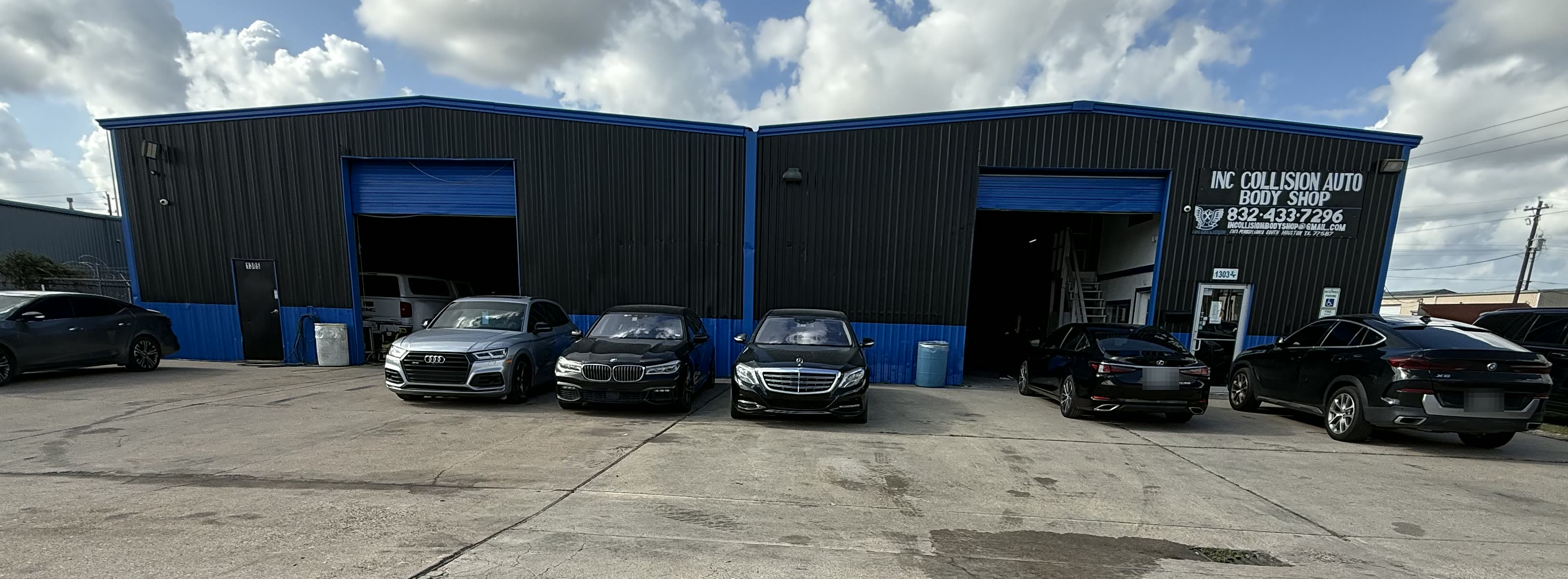 INC Collision building in South Houston with customer license plates obscured