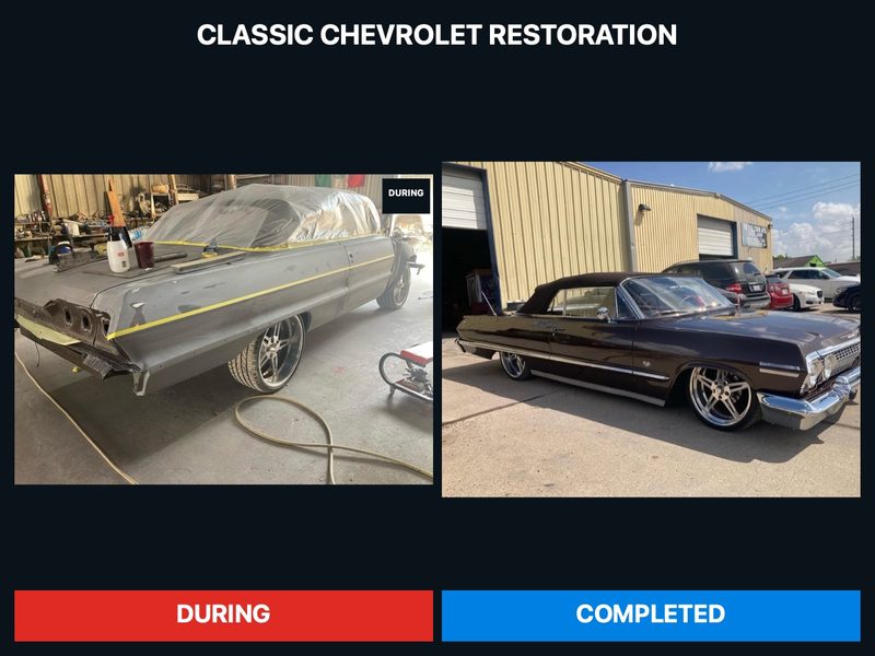 Classic Chevrolet Impala during bodywork and after paint